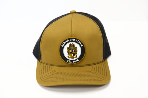 Alpha Black and Gold Trucker Hat with Round PVC Emblem