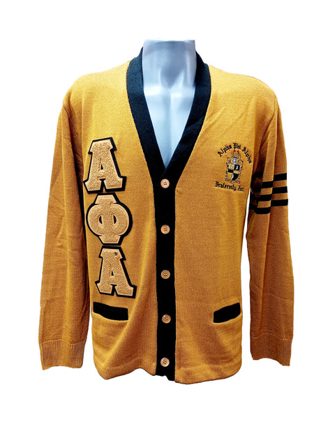 Alpha Old Gold Cardigan Sweater with Chenille Letters