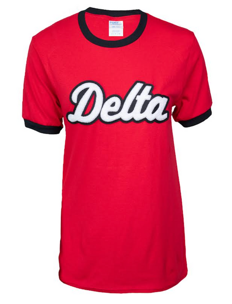 Delta Red Ringer Shirt with White Chenille Delta