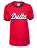 Delta Red Ringer Shirt with White Chenille Delta