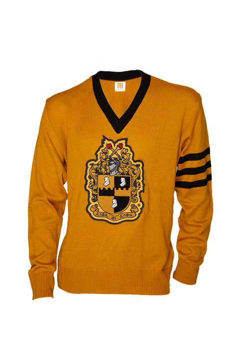 Alpha Old Gold Vneck Sweater with Chenille Crest