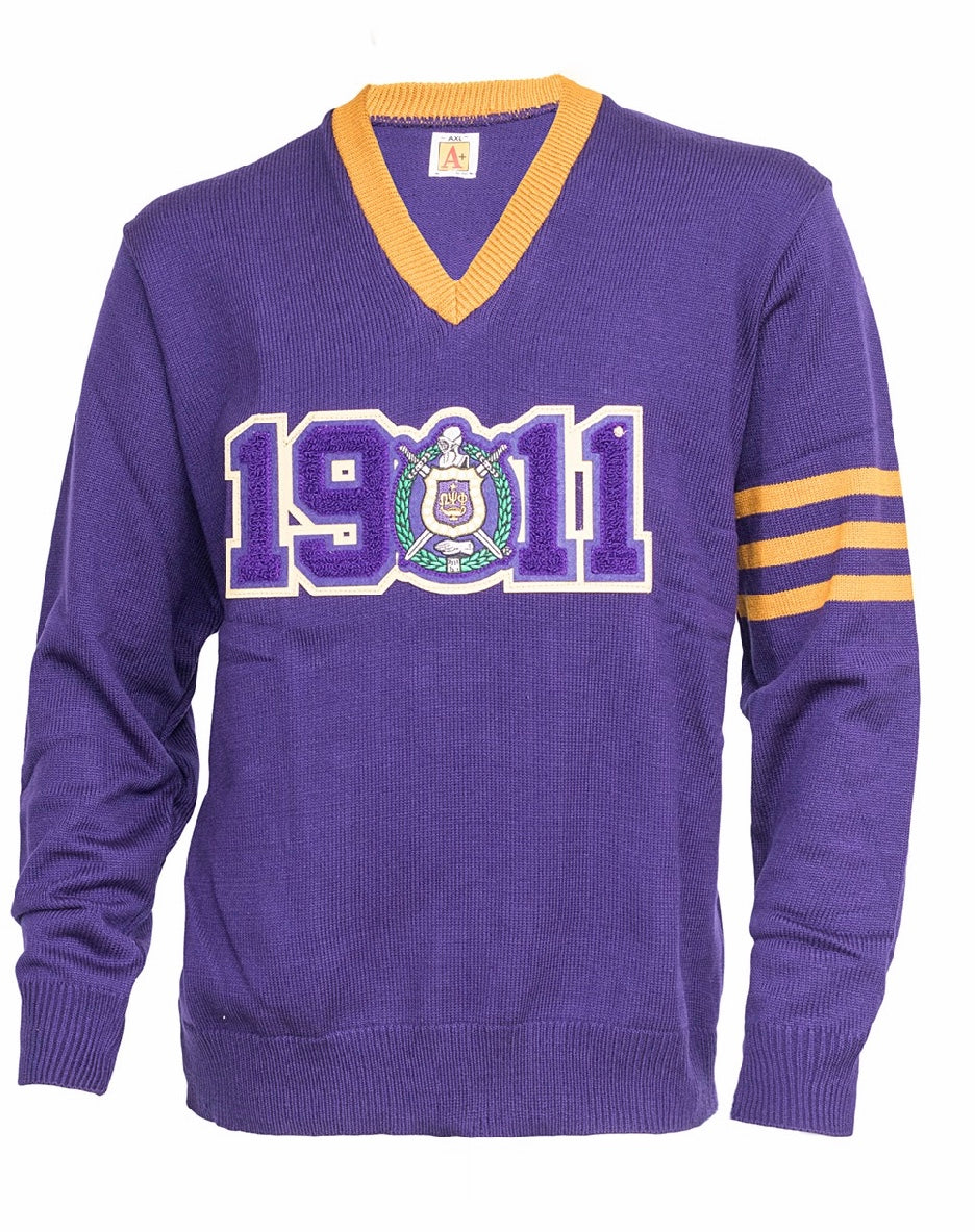 Omega Purple Vneck Sweater with Chenille 1911 patch