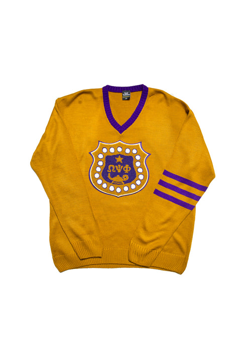 Omega Old Gold Vneck Sweater with Original Shield Chenille