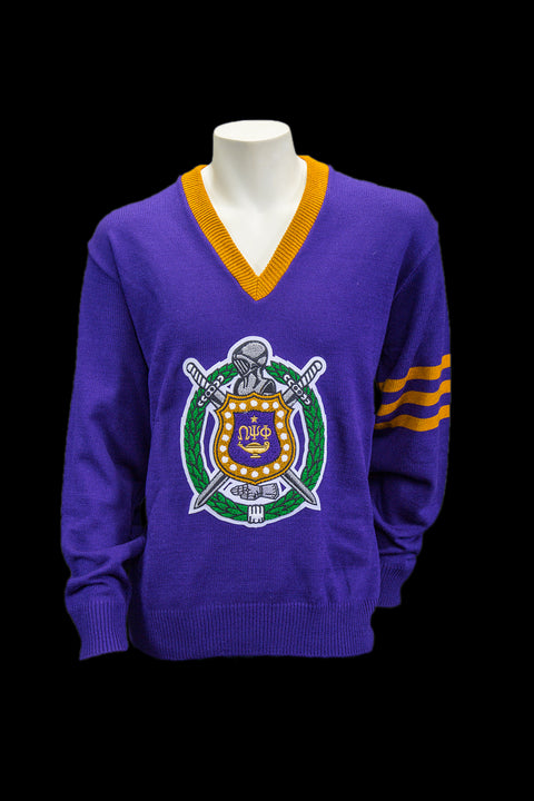 Omega Purple Vneck Sweater with Chenille Crest