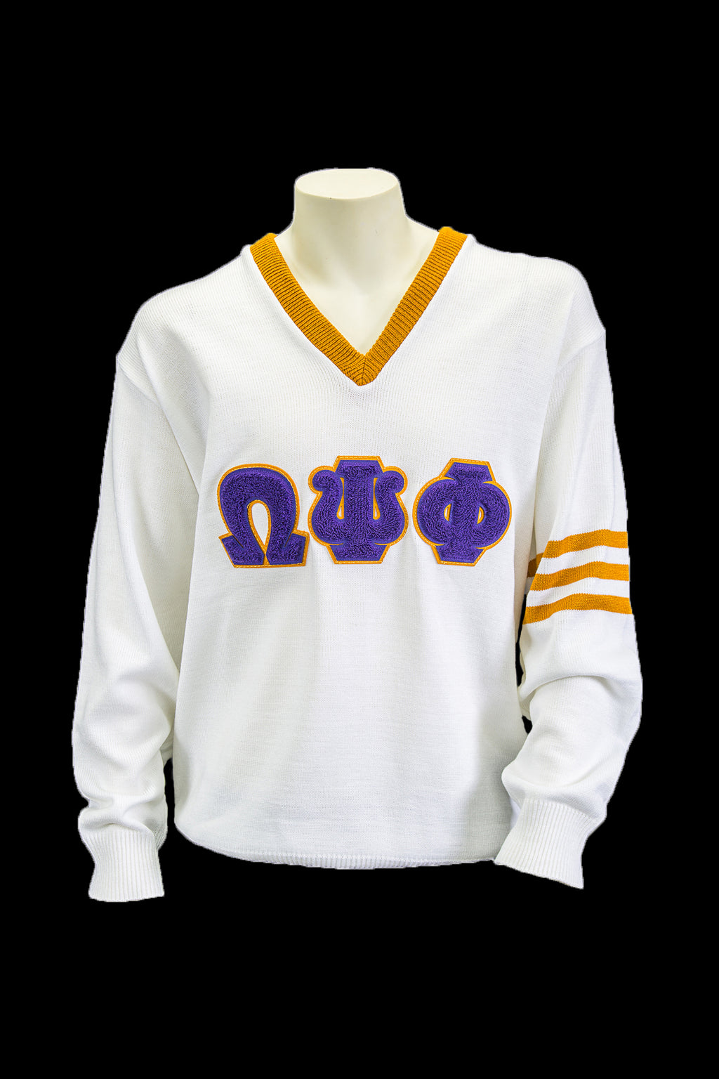 Omega White Vneck Sweater with Chenille Letters