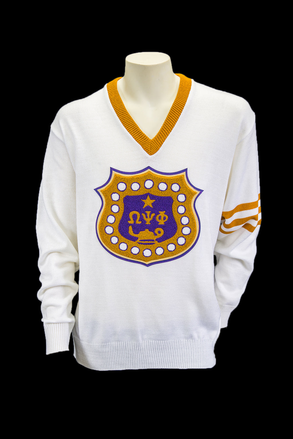 Omega White Vneck Sweater with Original Shield Chenille